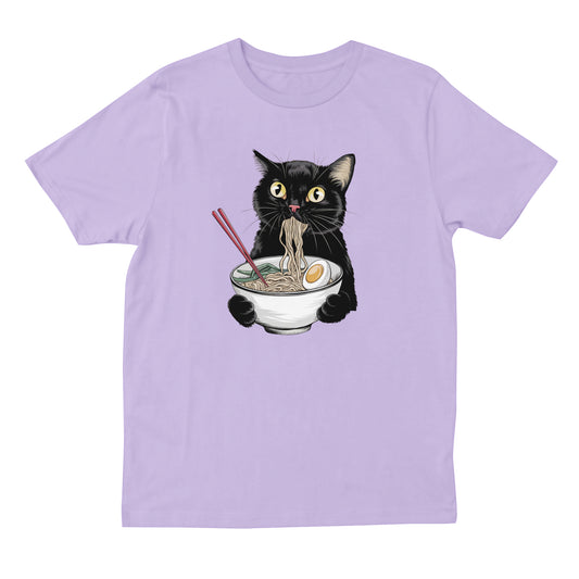 cat eating ramen t-shirt - iris lavender